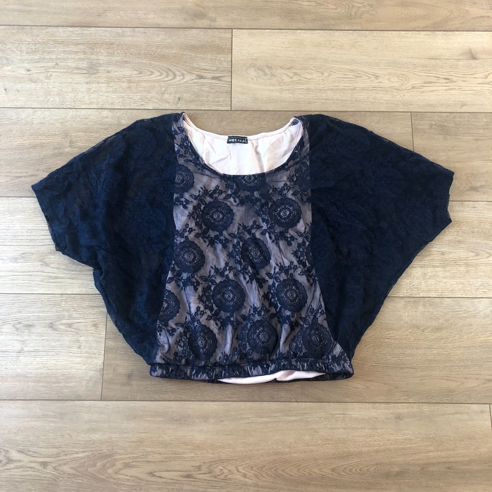 Vtg Y2K Wet Seal Women's S Blue Floral Lace Romantic Sheer Dolman Top Boho Fairy